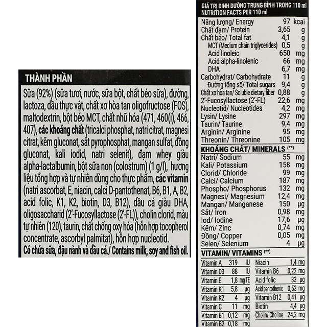 Thùng 24 hộp sữa non pha sẵn Dielac Grow Plus hương dâu 110 ml (từ 1 tuổi) - Thành phần