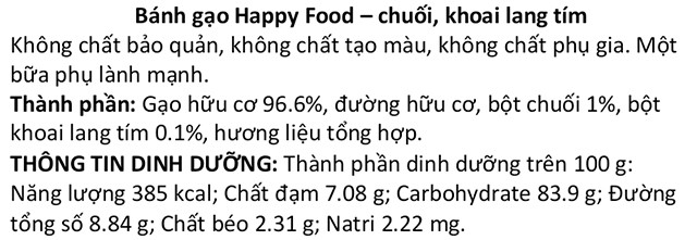 Bánh gạo bi tan ăn dặm Happy Food Organic vị chuối, khoai lang tím lon 40g - Thành phần 
